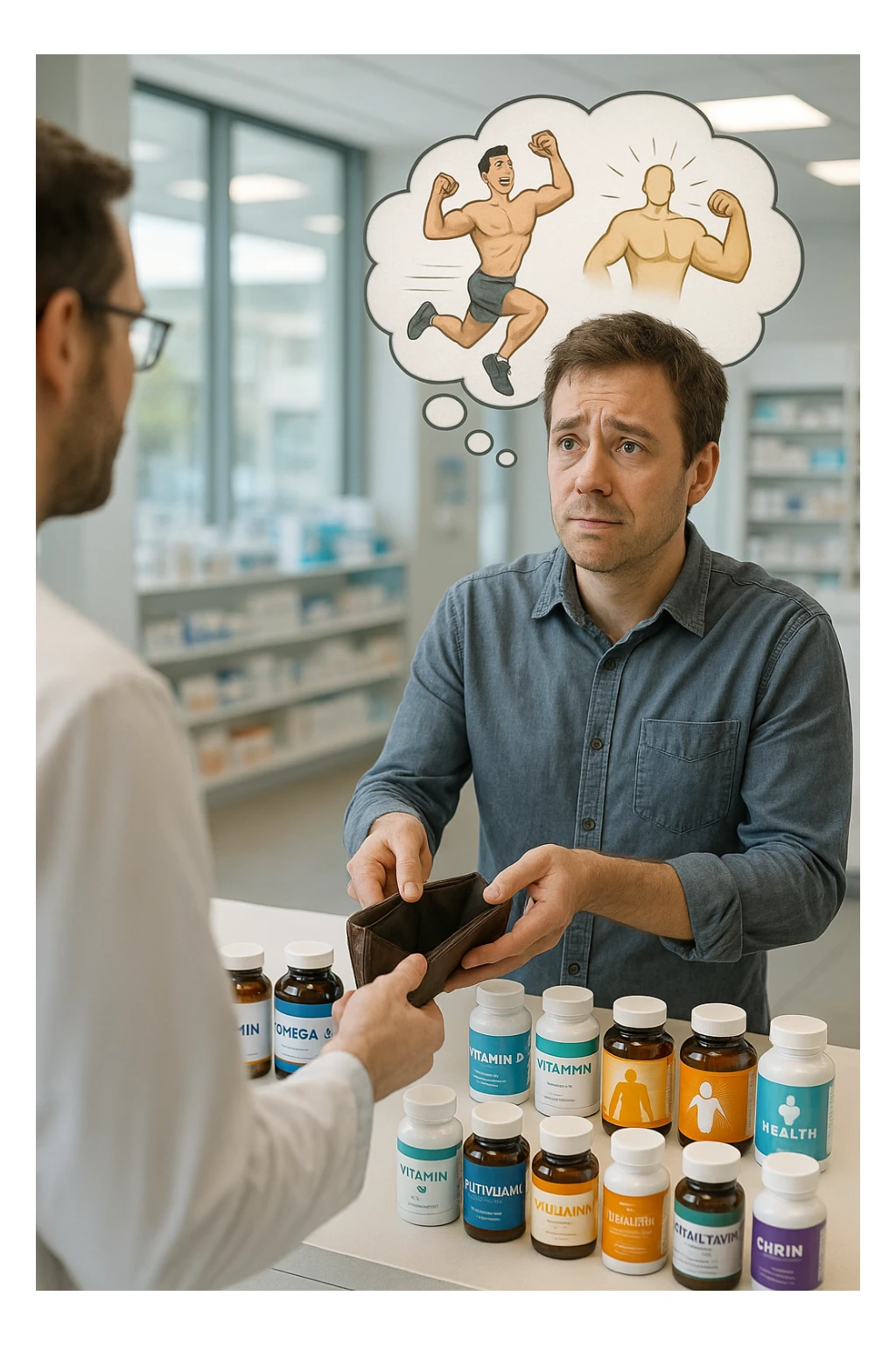 a man stands at a pharmacy counter, handing over a nearly empty wallet to the cashier while the counter is filled with bottles of supplements and vitamins. His expression is hopeful but slightly anxious. In the background, a thought bubble shows exaggerated images of instant health and fitness, symbolizing unrealistic expectations.  in italiano super realistica sticker