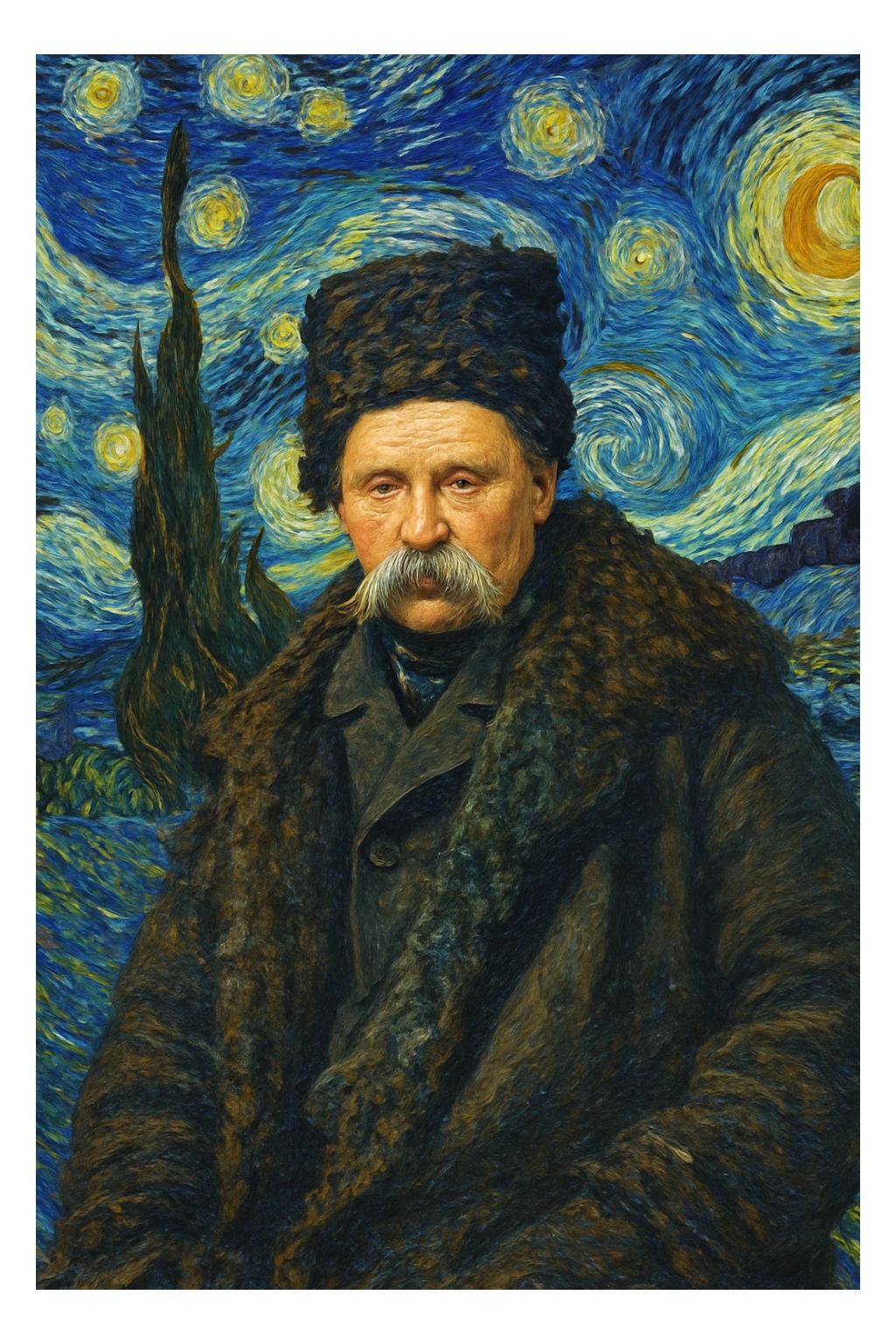 Insert the character from the provided image into Van Gogh's 'Starry Night' painting. Blend the character seamlessly into the surreal landscape, preserving the swirling impressionist style, dynamic brushstrokes, and oil painting effect of the original artwork. sticker