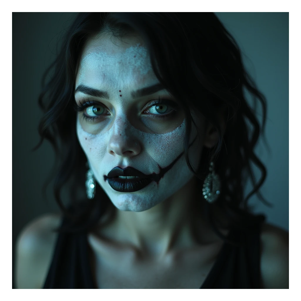 realistic horror portrait of a beautiful woman with ghostly glow, sharp features, dark lipstick, gothic earrings, supernatural horror sticker