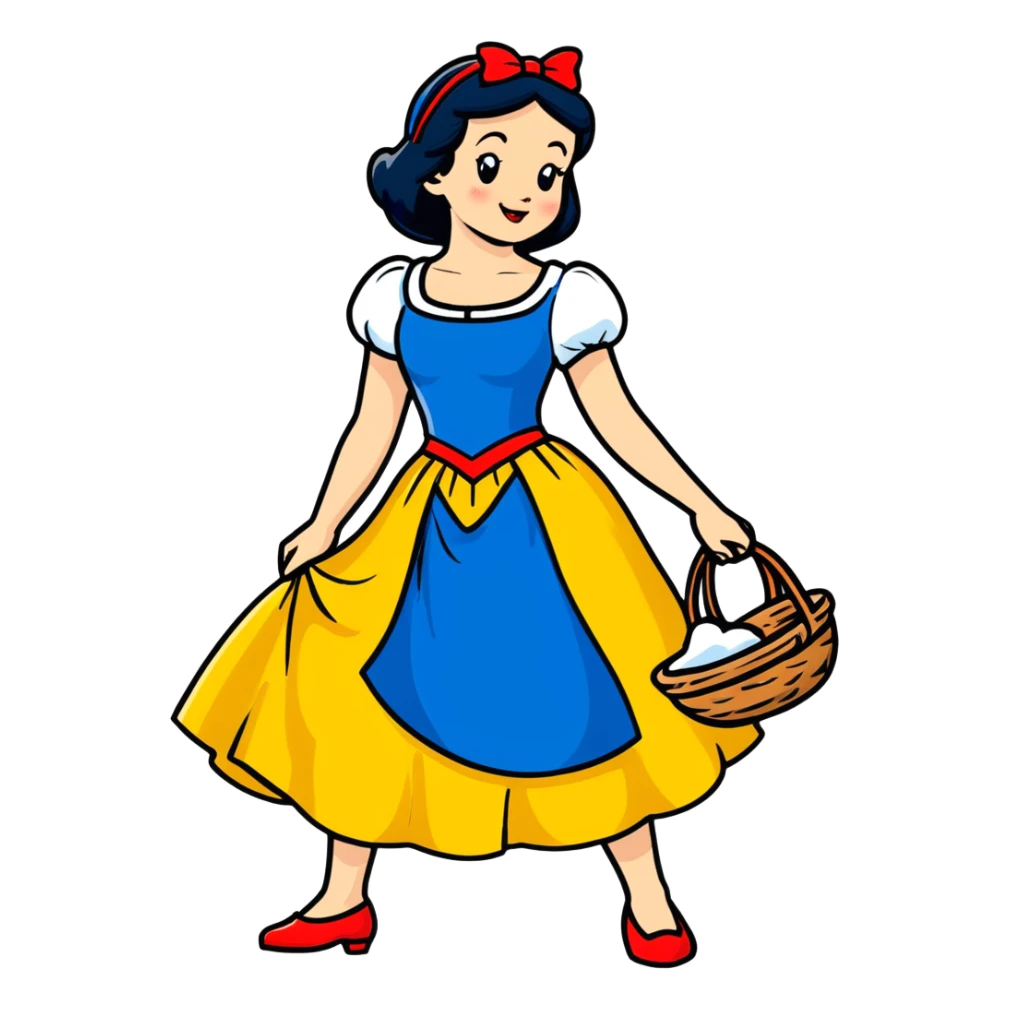 Snow White standing gracefully in a lush forest, surrounded by the Seven Dwarfs sticker