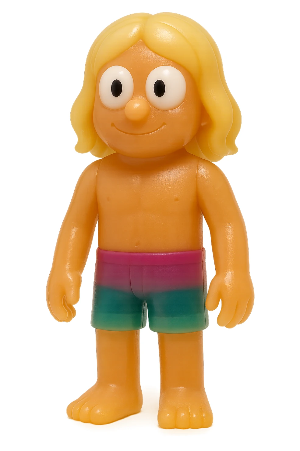 full-body surfer bro, retro 90's toy style, very transparent and slightly see-through, natural tan skin, blonde hair, colorful shorts, large white eyeballs with small black pupils, soft plastic texture, soft reflections, soft and squishy, some cloudiness, not shiny, highly detailed, appealing, no tag, no background sticker