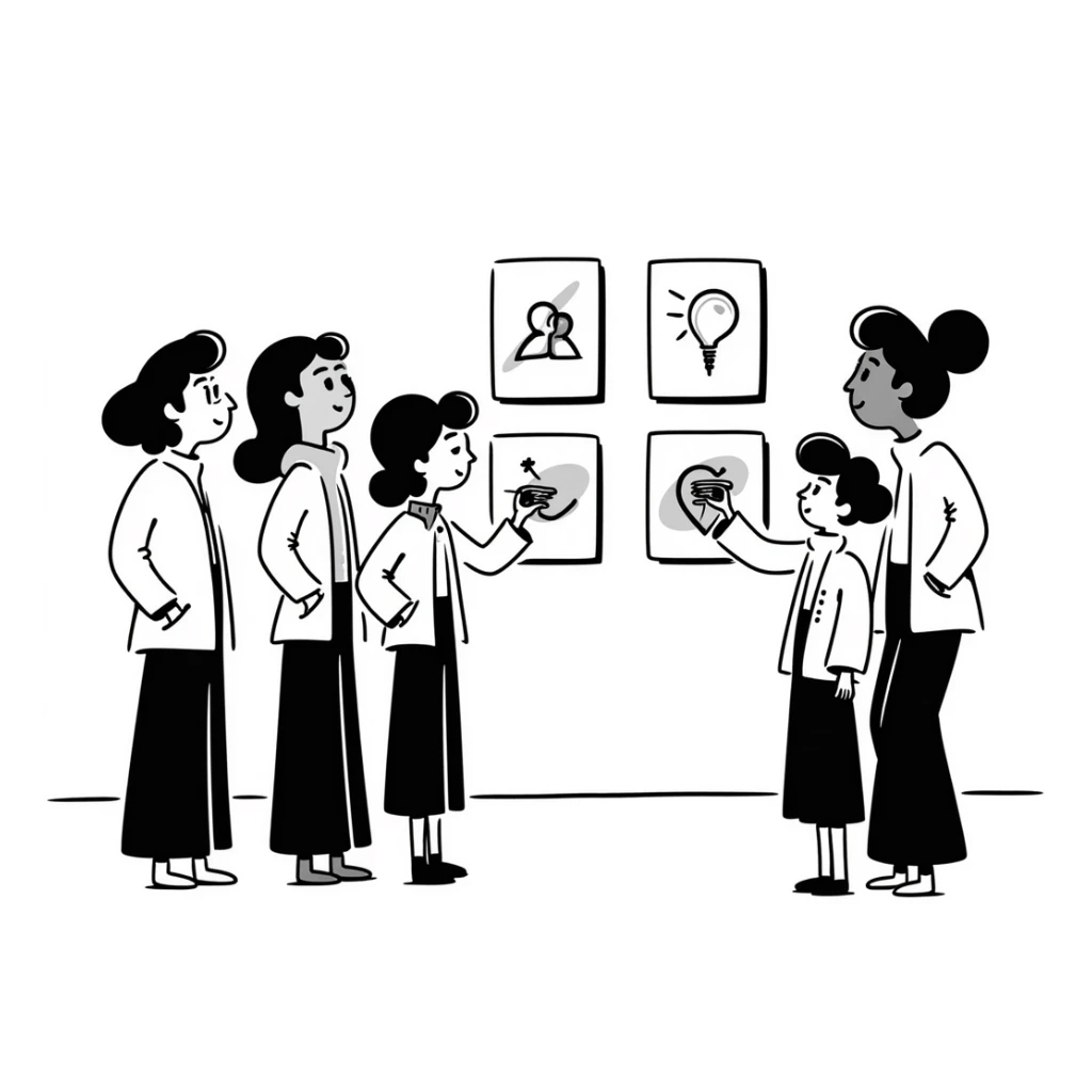 group of people standing looking at an art exhibit sticker