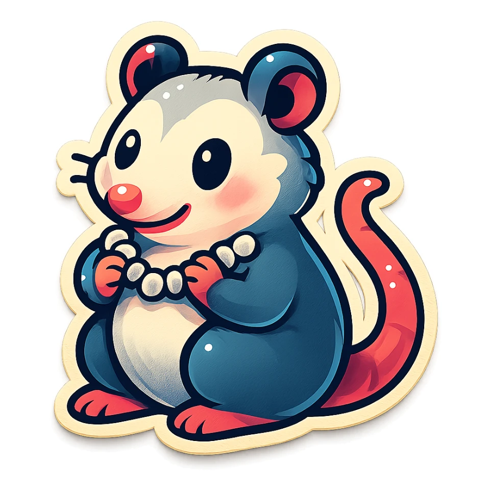 cute cartoon possum clutching pearls, sticker-like sticker