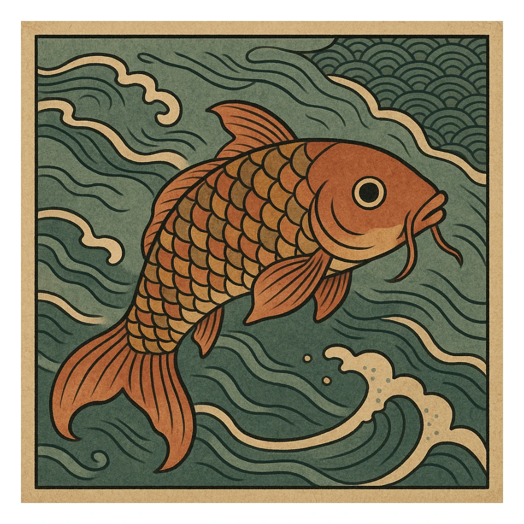 ukiyo-e style illustration of a koi fish swimming sticker