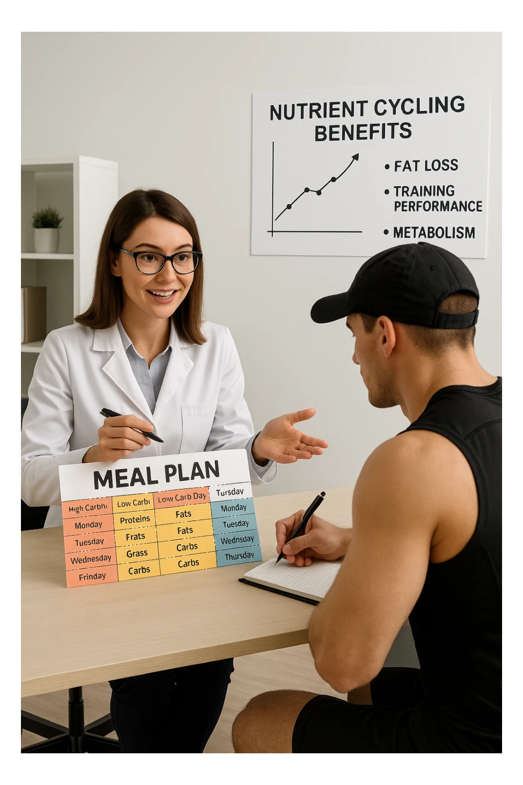 a nutritionist explains to an athlete how to cycle macronutrients for fat loss and training. On the desk, a weekly meal planner shows alternating high-carb and low-carb days, with color-coded sections for proteins, fats, and carbs. The athlete takes notes, and a chart in the background illustrates the benefits of nutrient cycling. The mood is professional and educational. scritto in italiano sticker