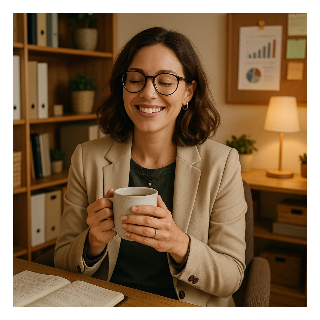 a relaxed and happy female project manager holding a coffee cup in a cozy office setting sticker