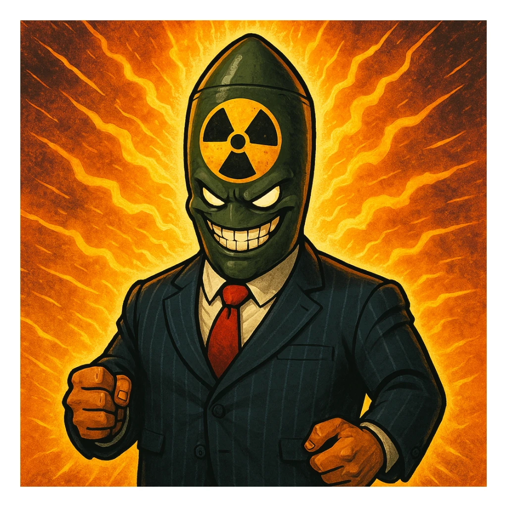 stylized boss character with a nuclear warhead for a head, radiating energy, evil grin sticker