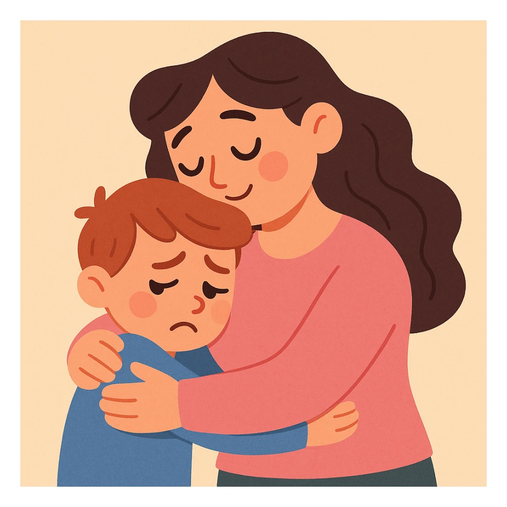 mother hugging sad child, gentle and comforting sticker