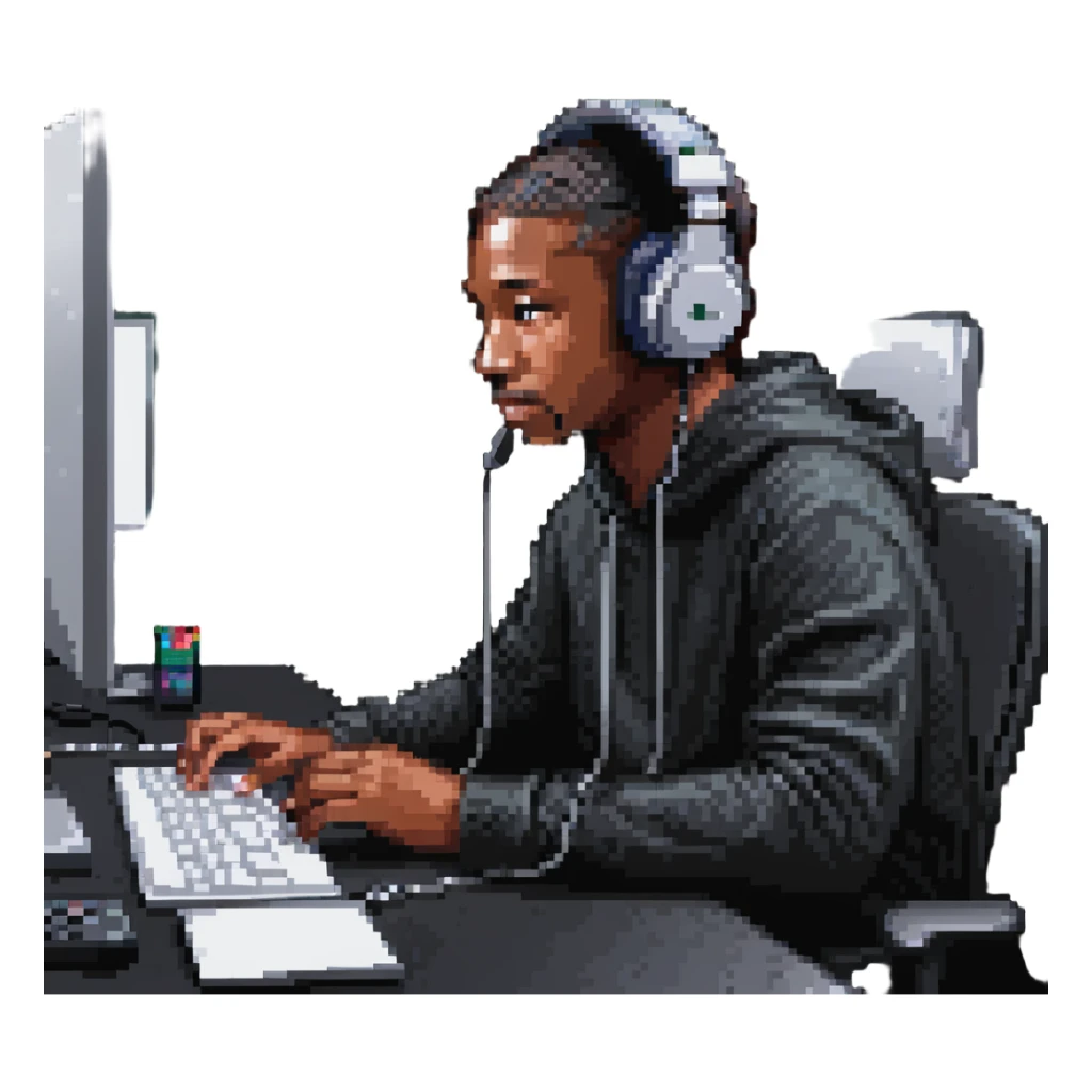 Person with headphones at computer desk recording video sticker