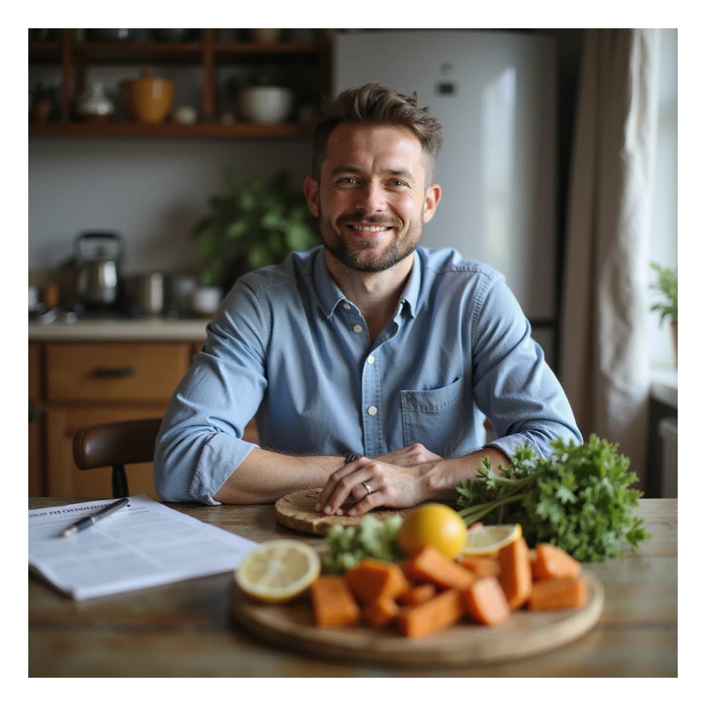 realistic image of a man sitting at a table with healthy balanced food, visible nutritional plan on the table, positive atmosphere, realistic details, home environment sticker