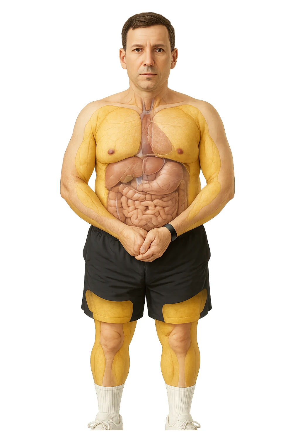 a middle-aged man stands in a clinical setting, with semi-transparent overlays highlighting areas of excess body fat accumulation—such as the abdomen, chest, and thighs. The fat tissue is shown in yellow, contrasting with underlying muscles and organs. The man’s expression is neutral, and the background is clean and modern, emphasizing the educational aspect. senza scritte sticker