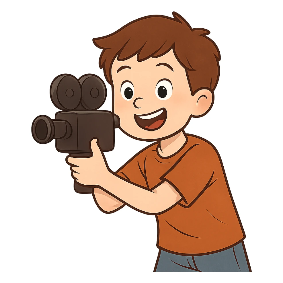 a young boy filming a movie, holding a camera, cheerful expression, simple background sticker