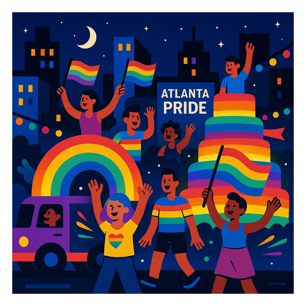 Cartoon night scene at Atlanta Pride, with glowing floats, rainbow lights, and cheerful people sticker