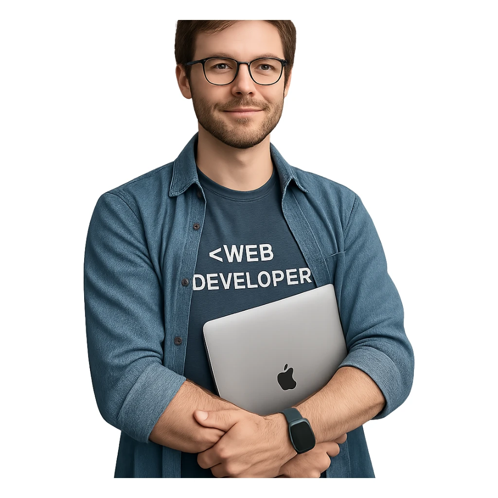 web developer, brown hair, arms folded, MacBook in arms, casual outfit, tech vibe, relaxed, professional sticker