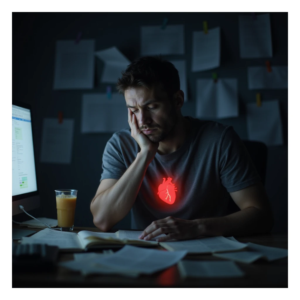 realistic exhausted man at desk late night, paperwork everywhere, energy drinks, glowing monitor, face shows fatigue, dark circles, hunched posture, faint red glow on heart, moody burnout health risk visual sticker