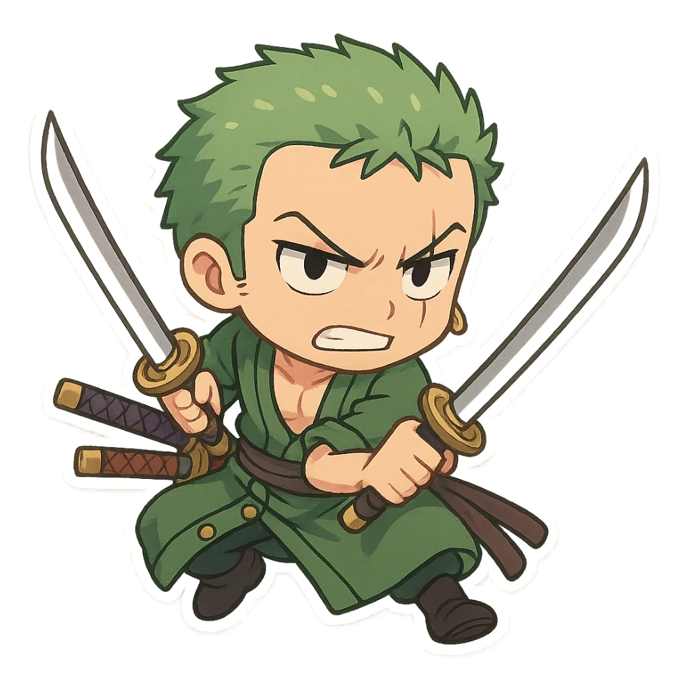 Zoro from One Piece in chibi cartoon style, action pose, swords drawn, determined face sticker