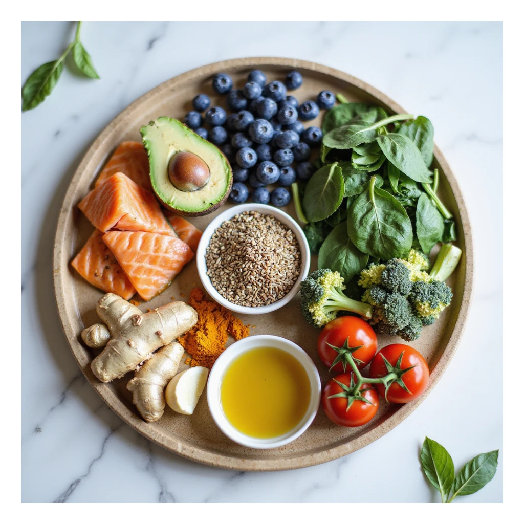 colorful board with a selection of anti-inflammatory foods: salmon, avocado, blueberries, spinach, walnuts, extra virgin olive oil, turmeric, ginger, tomatoes, broccoli, flax seeds, garlic, light background, fresh atmosphere, realistic details sticker