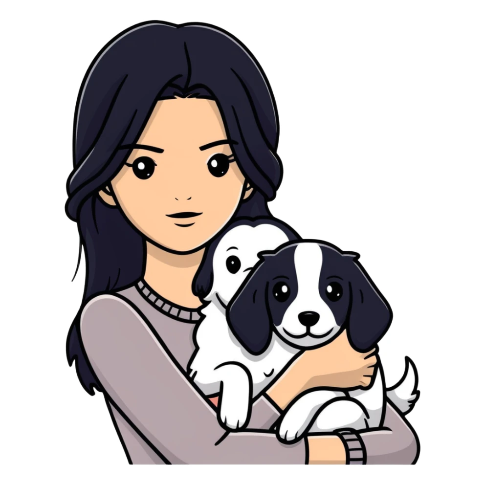 Kendall Jenner with long black hair holding a black Cane Corso dog sticker
