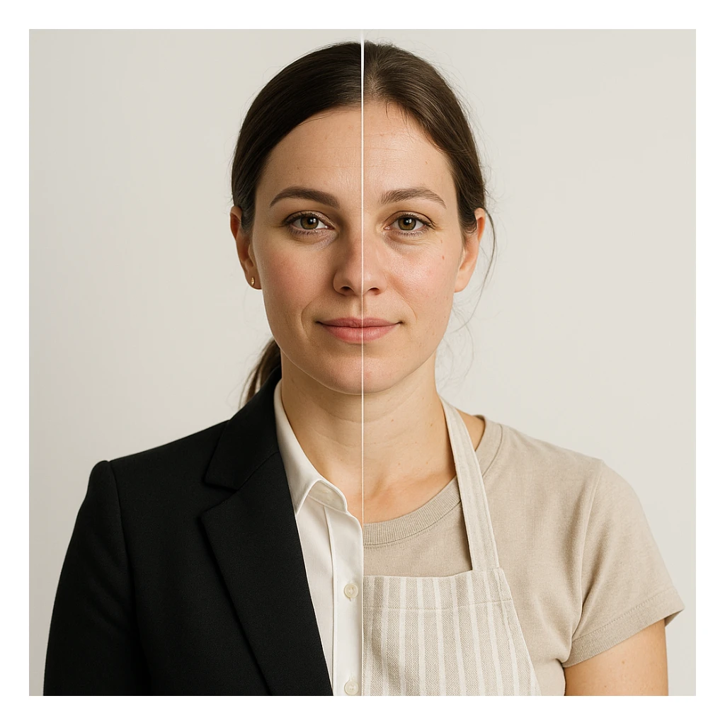 hyper realistic split-image of a woman with half face in office makeup and suit, other half natural, homemaker apron, white background, clear role contrast, symmetry sticker