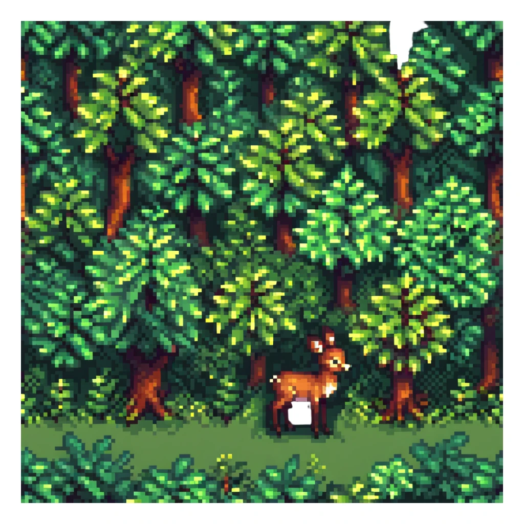 Add a lush green forest background behind Bambi, consistent with pixel art style, including trees and foliage with vibrant greenery. sticker