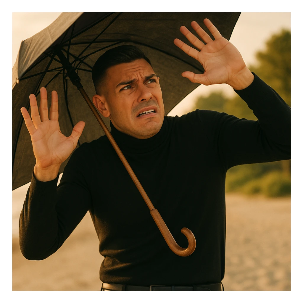 Create a symbolic 4k realistic scene outdoors, either beach or park, showing a man with expressive, worried body language. The man is raising his hands or using an umbrella or large hat to block natural, warm sunlight. The man looks uncomfortable or fearful, as if trying to protect himself from the sun. Use muted colors and focus on expressive body language, symbolizing misunderstanding about sunlight and health. Use the reference image for facial features and general appearance. sticker