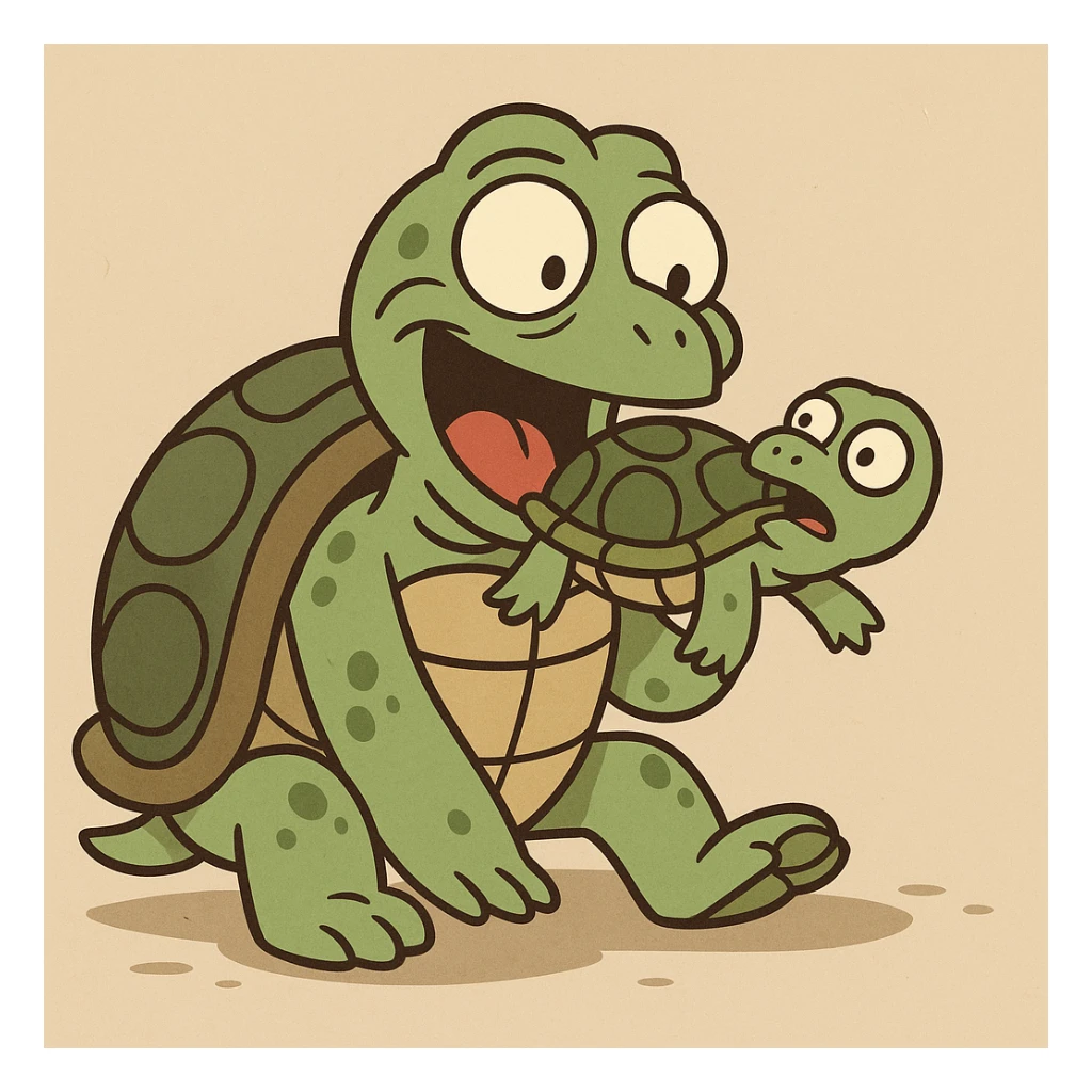 a playful cartoon turtle eating a smaller turtle, flat toon style sticker