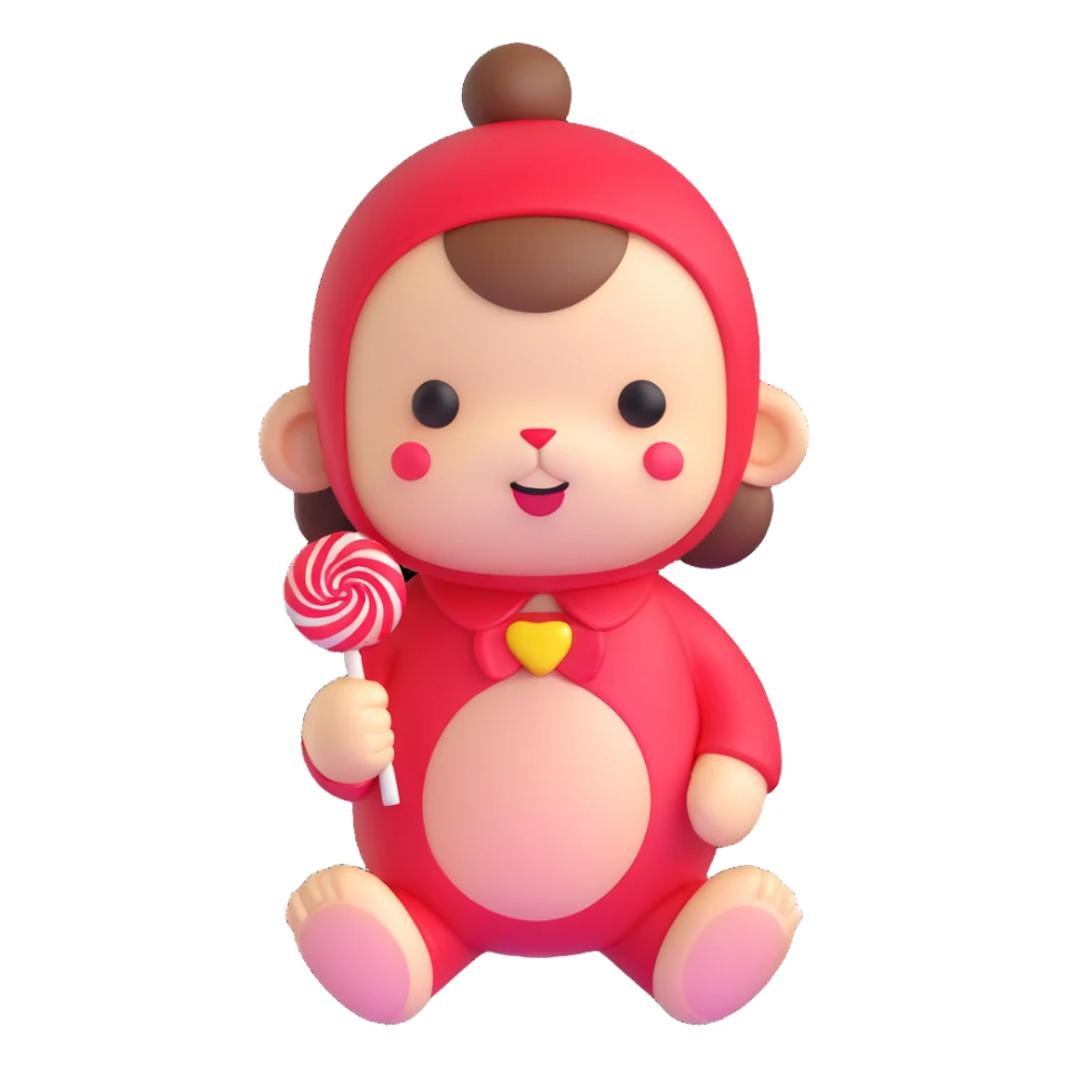 cute Monchichi plush toy with a lollipop sticker