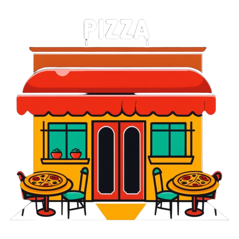 cartoonish Italian restaurant with pizza and pasta elements sticker