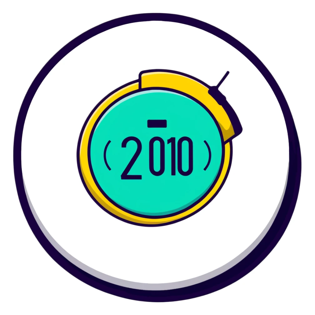 Circular music badge with "2010" text prominently displayed and smartphone sticker