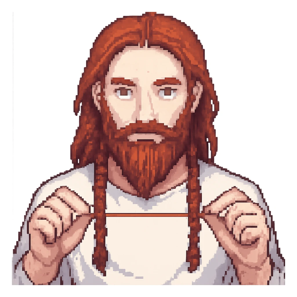 A man with a beard, long hair and a red thread in his hands, pixel art style sticker