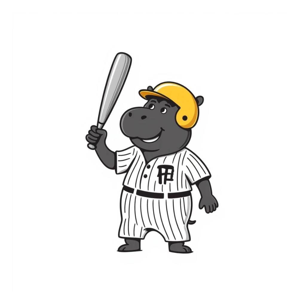 hippo holding a baseball bat, wearing a yellow helmet, pinstripes outfit sticker