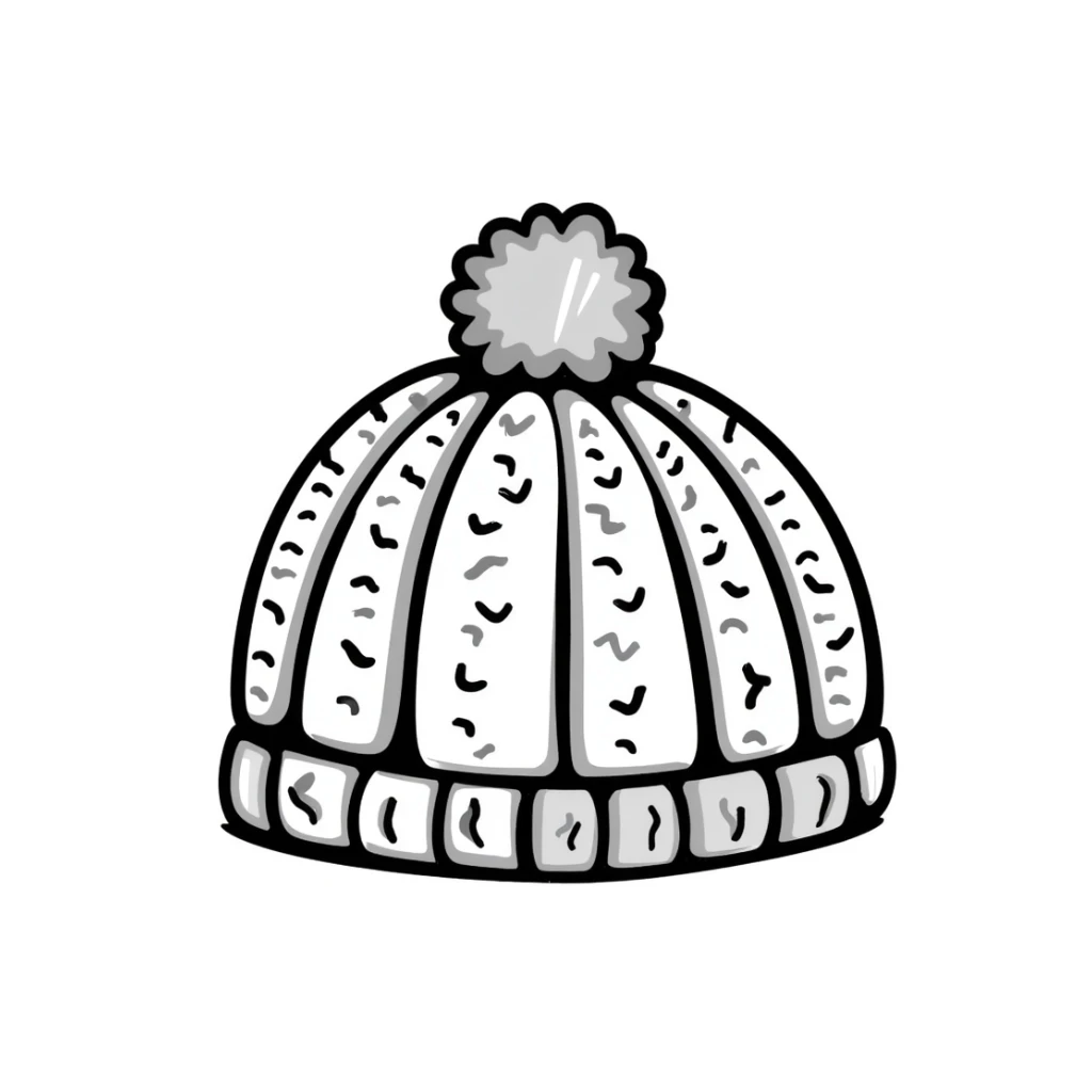 A knitted hat/beanie in pastel colors (dd9fb0, ffc6d3, a3bfc9, c4bee2, f1b091), hand-drawn doodle style sticker