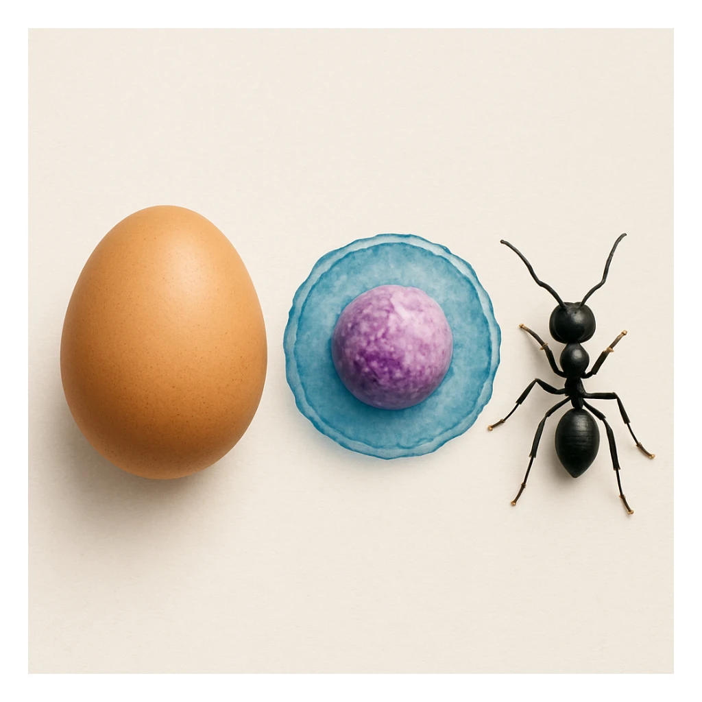 an egg next to a biological cell, both to the left of an ant sticker