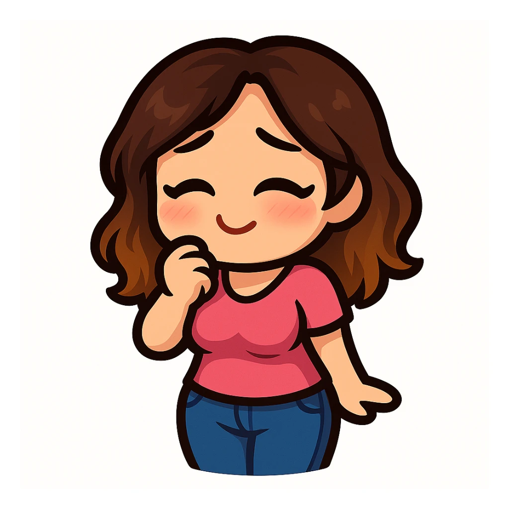 Sticker style chibi emote, matching the attached green heart emote as a base, but with a slightly skinnier body and a bigger chest. Woman from reference, pink t-shirt and blue jeans, shy/blushing, cute shy face, no headband, no wand, no green heart, transparent background. Top color should not match jeans. sticker