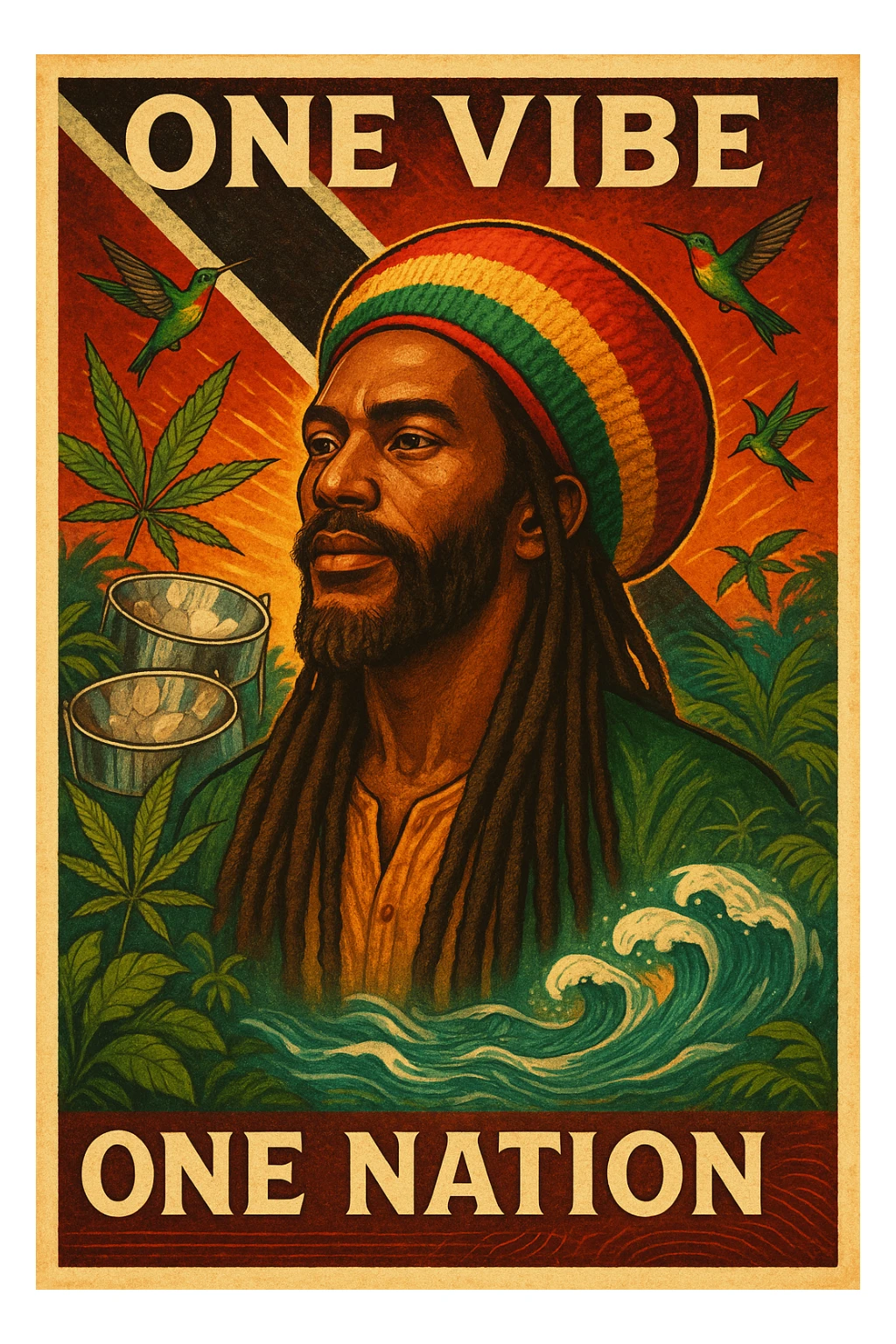 Create a vibrant digital illustration in vintage poster style featuring a proud Trinidadian Rasta man with long dreadlocks and a bold red, gold, and green tam. The background should incorporate the Trinidad and Tobago flag in a stylized, textured way — using deep red, black, and white tones that blend with tropical elements. Surround the figure with iconic cultural symbols like steelpan drums, ganja leaves, and hummingbirds in flight. Add warm Caribbean sunlight, ocean waves, and lush greenery to enhance the island energy. The Rasta man should radiate peace, power, and island wisdom — with bold facial features, calm expression, and a sense of spiritual presence. The overall tone should be rootsy, regal, and rich with island soul — merging reggae culture with Trinidadian pride. Optional accents: subtle soca rhythm lines in the background or a quote like “One Vibe, One Nation.” sticker