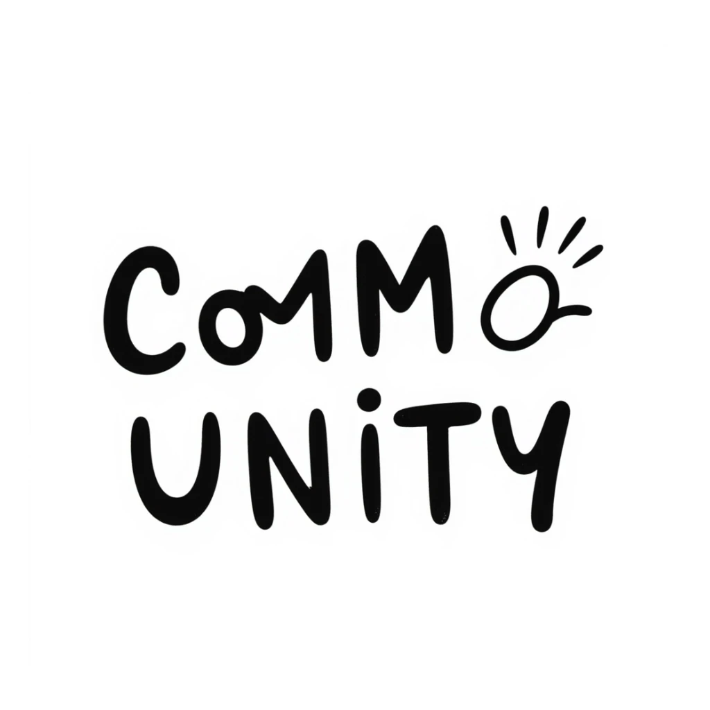 the word 'Community' in a square, hand-drawn style, casual, inviting, with a touch of warmth sticker