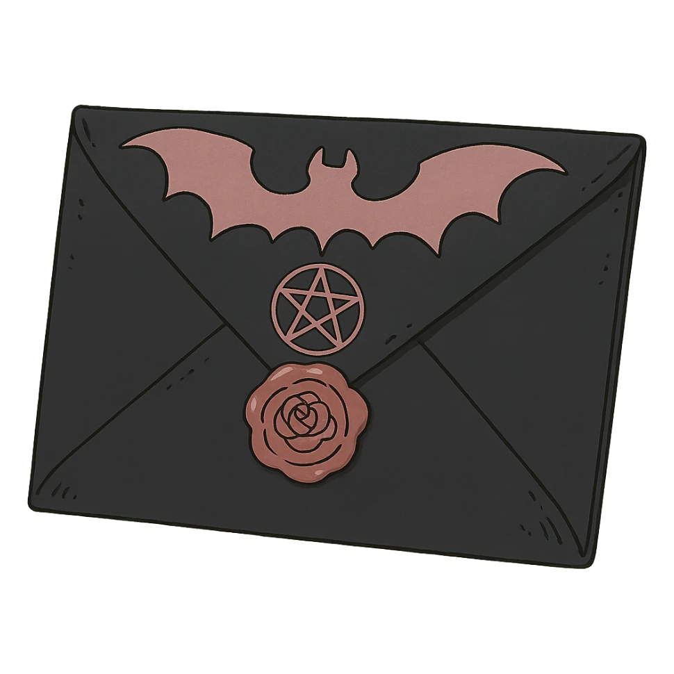 gothic envelope, black and pink, ghibli style sticker
