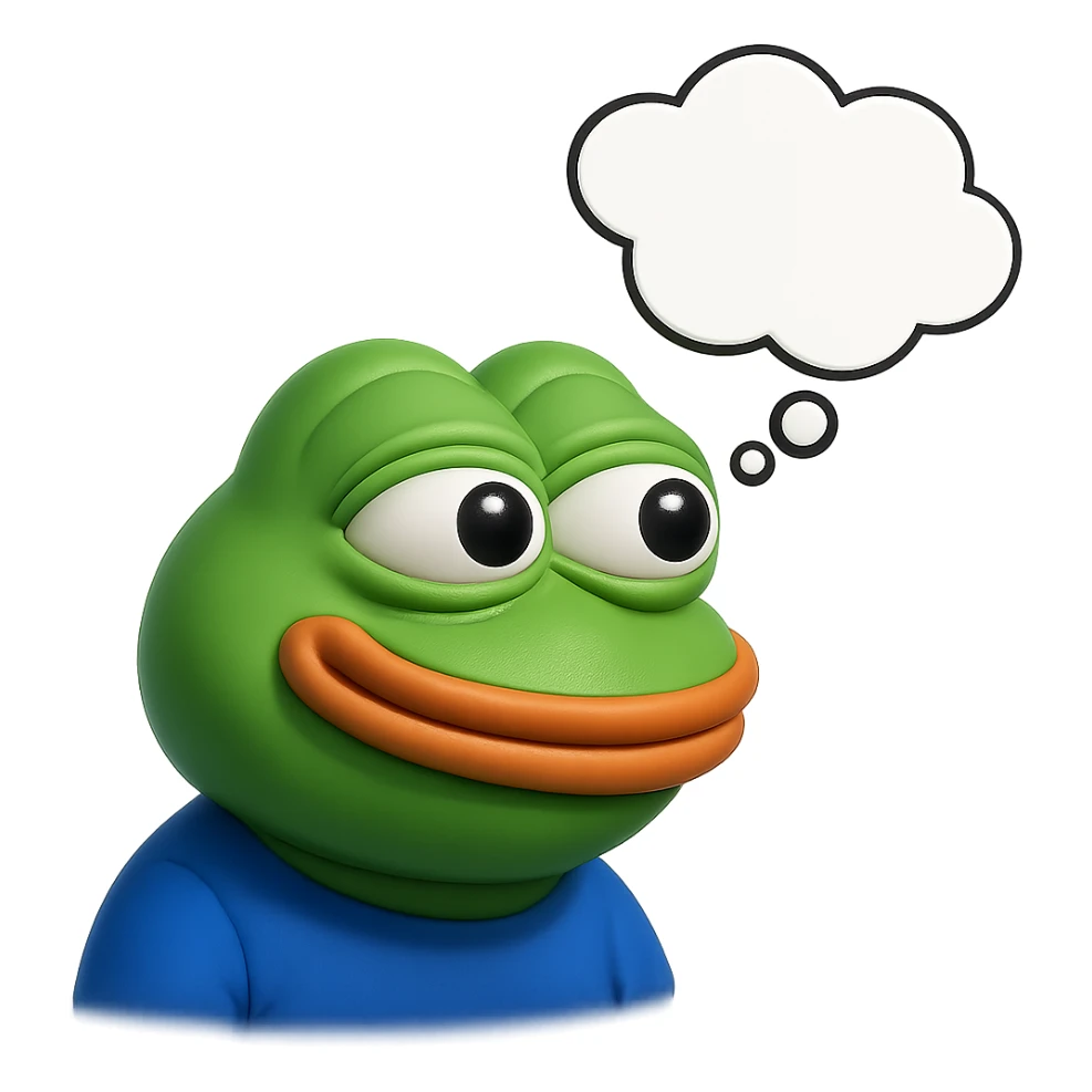 make a pepe in bright green smiling with thought bubble looking at left side in 3d style, good highlights and shadows, drop shadows sticker