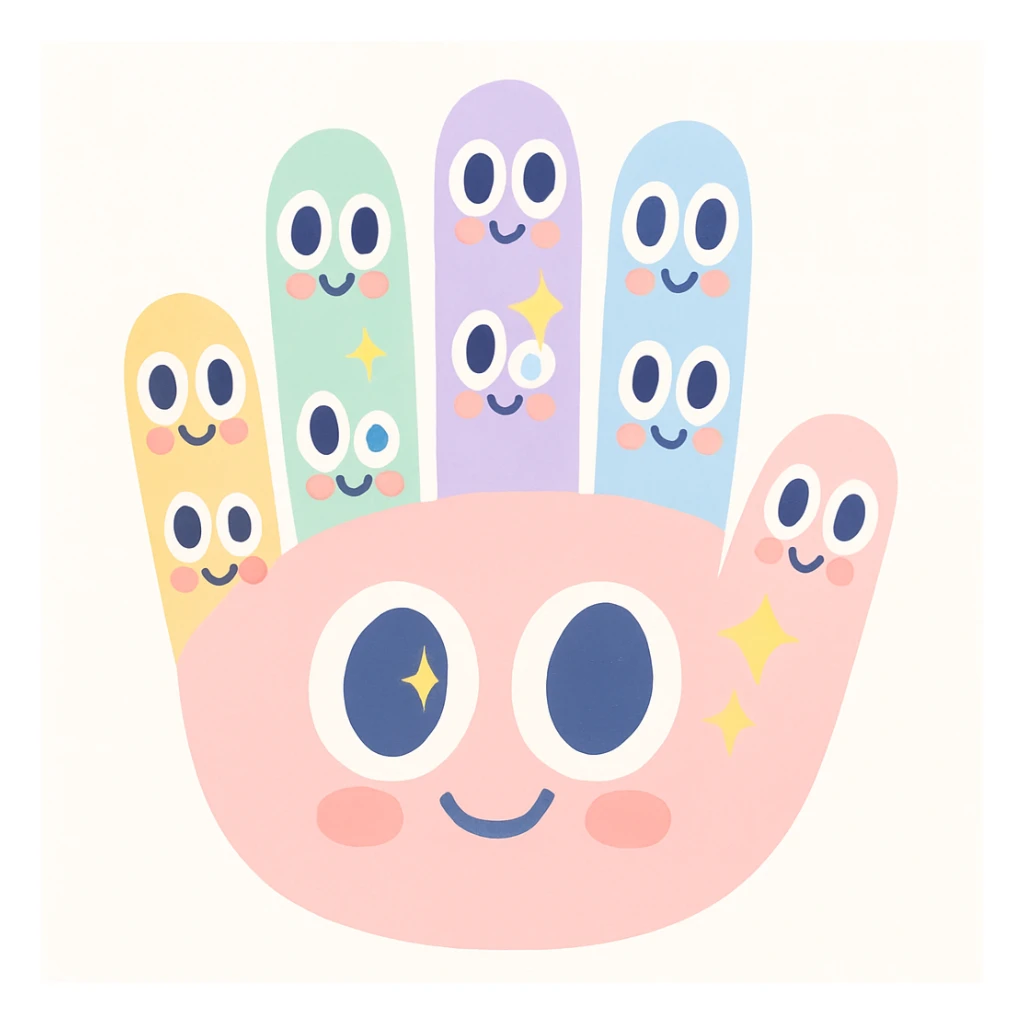 a whimsical style hand with multiple small eyes on the fingers, cute and charming sticker