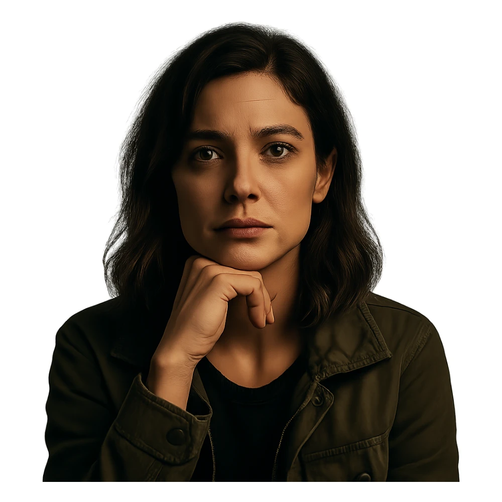 Create a centered portrait of the same woman with a thoughtful expression, transparent background, in the style of a Netflix series. sticker