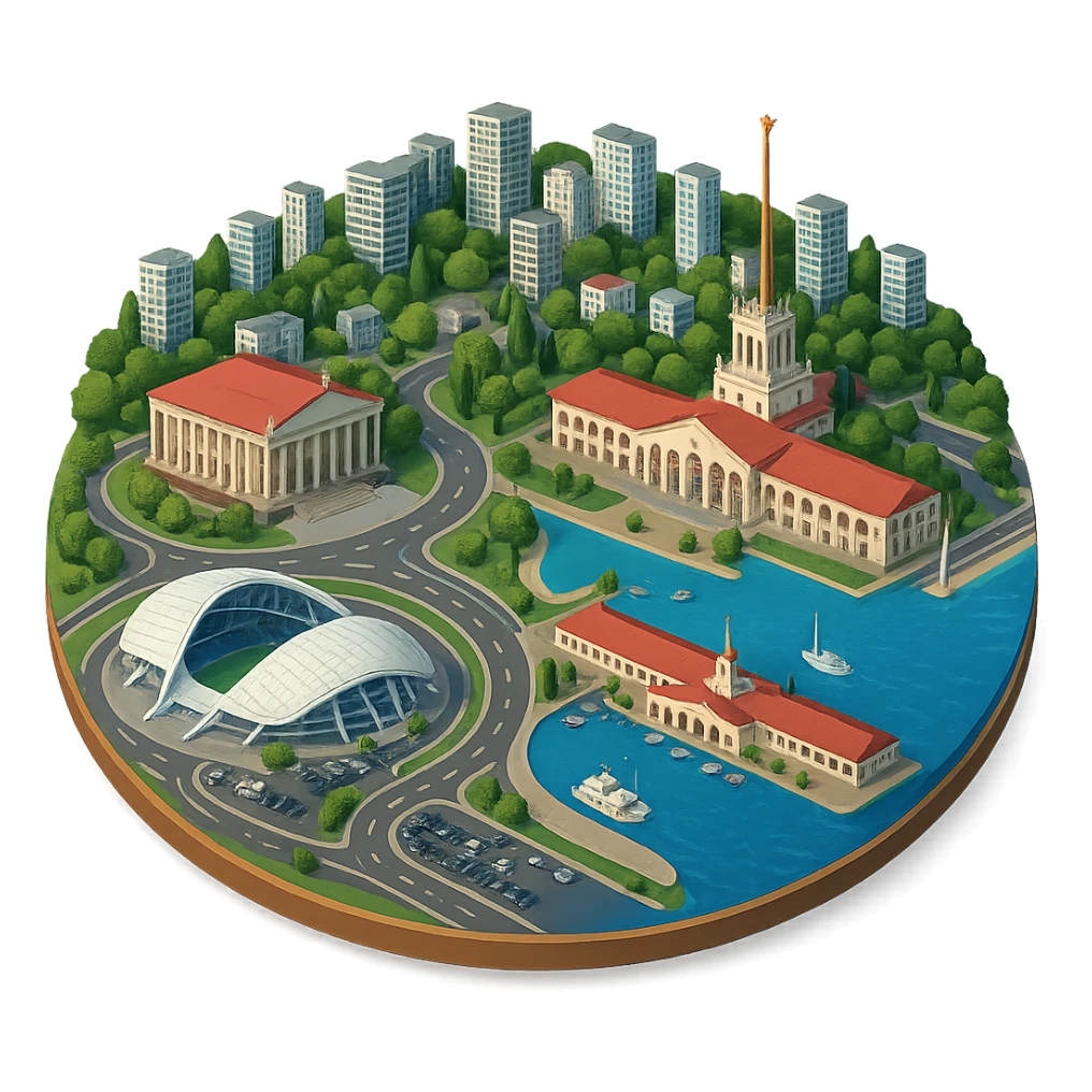 Изометричная, яркая, детализированная и фотореалистичная иллюстрация панорамы города Cочи на круглой подставке в стиле 3D-коллажей городов, ОДНО! здание Морского Порта, ОДИН! Зимний театр, ОДИН! стадион Фишт, море чёткие линии, слегка мультяшная стилистика, прозрачный фон, не обрезать края картинки sticker