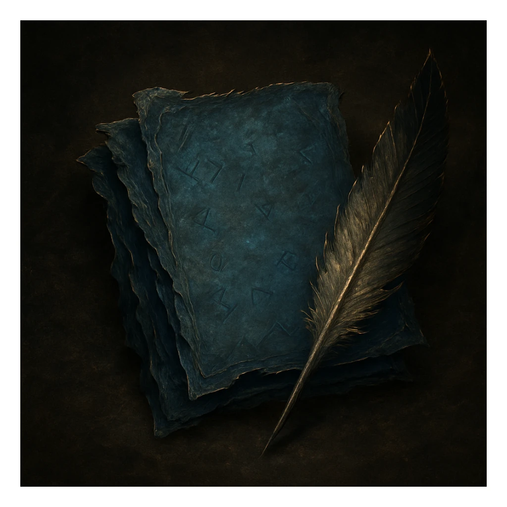 Windows 11 Notepad icon reimagined in the style of Elden Ring notes, blue parchment, tattered and layered, with a feather quill and subtle runic markings, no text, just the notepad look, option 5 sticker