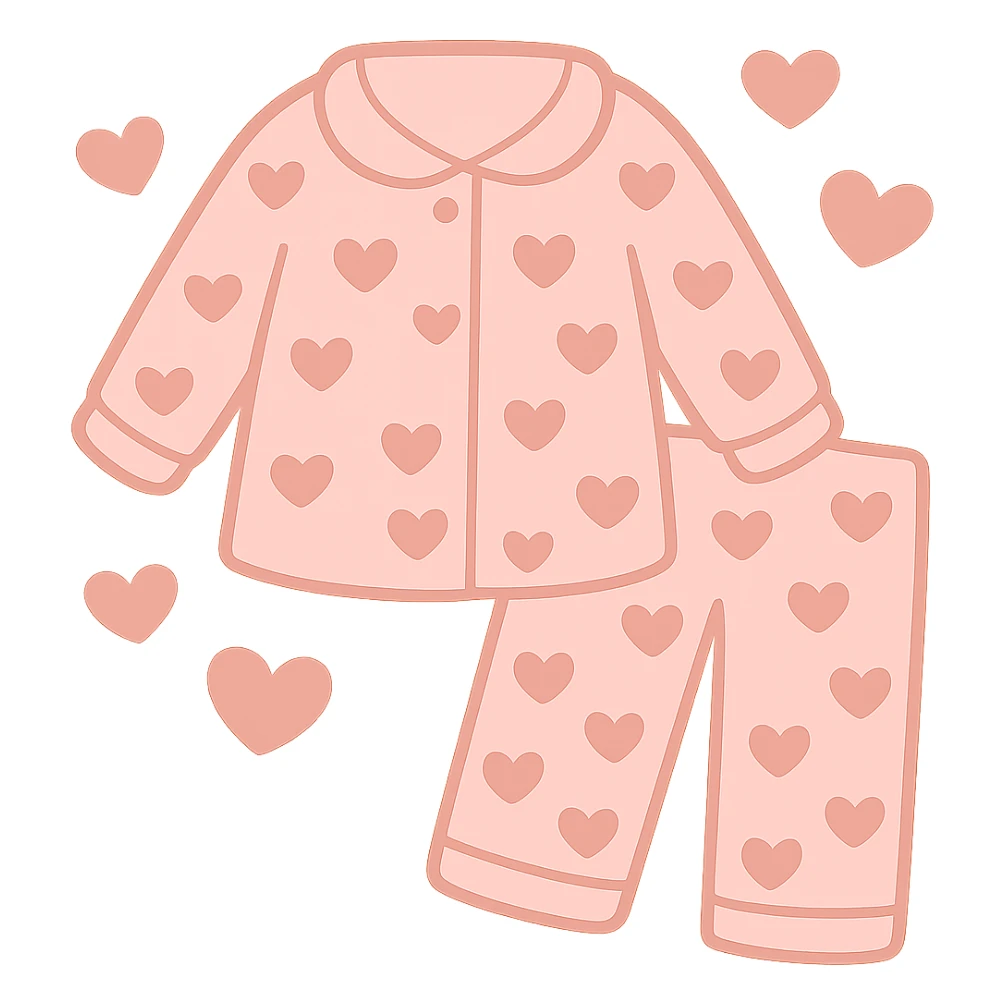 Remove the face from the pink heart pajamas with hearts floating around it, keep the style and transparency. Maintain the pink pajamas with heart patterns and floating hearts, but without any face visible. sticker