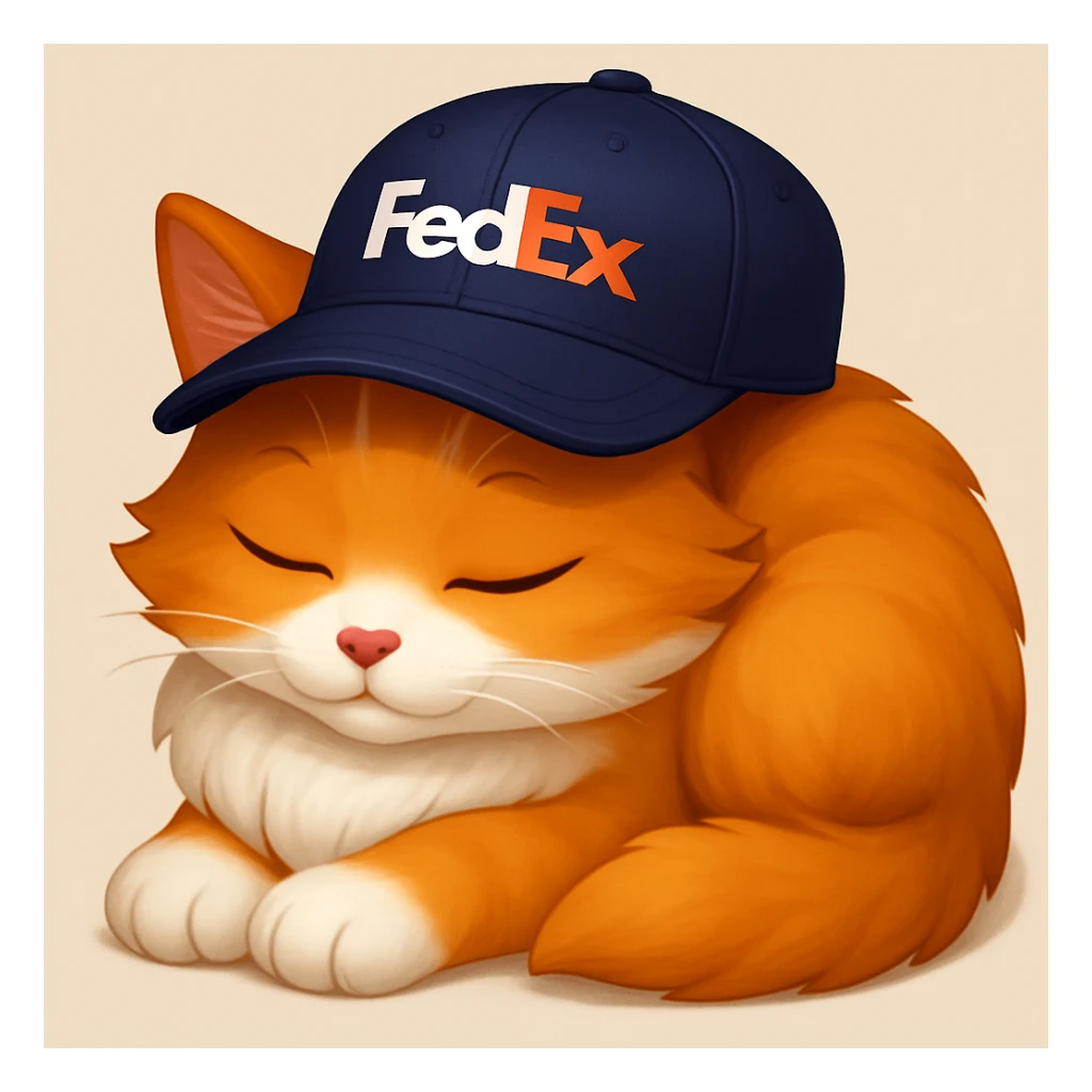 sleeping cat emoji with a FedEx uniform cap in a different pose sticker