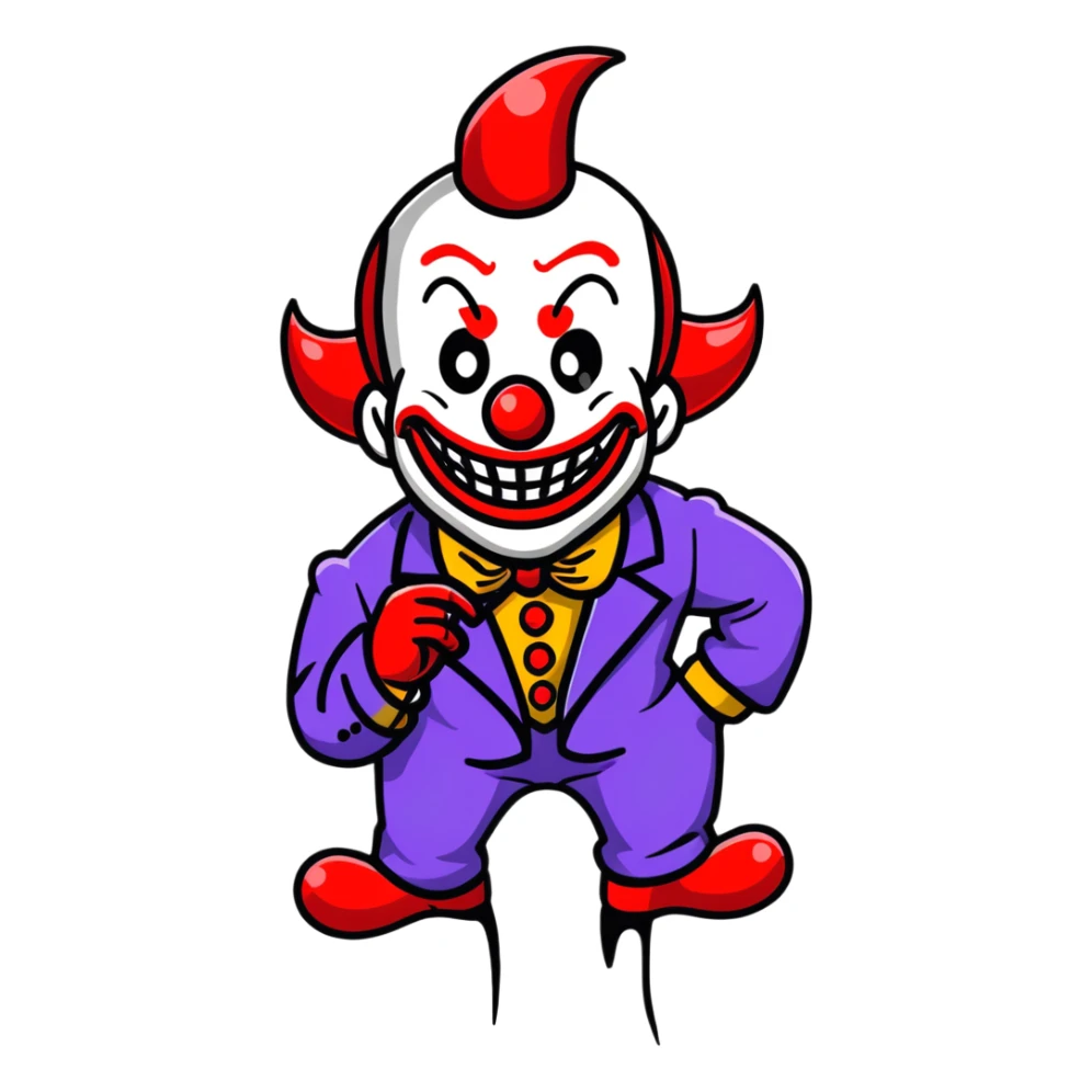 demonic clown wearing a leisure suit, bald with different horn styles sticker