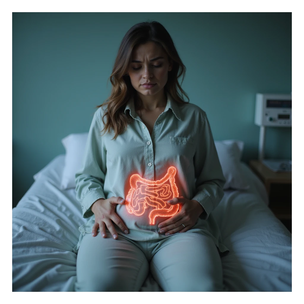 hyperrealistic 4K image of a woman sitting on a medical examination table, pale and suffering face, hand on abdomen, intestine highlighted in transparency with signs of inflammation, clinical atmosphere sticker
