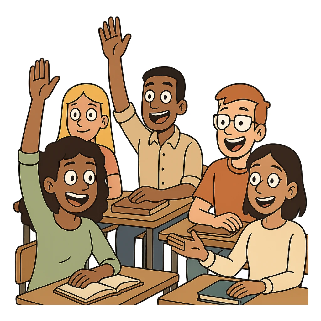 diverse group of student characters eagerly participating in a classroom discussion, expressive faces and gestures, friendly and inviting style sticker