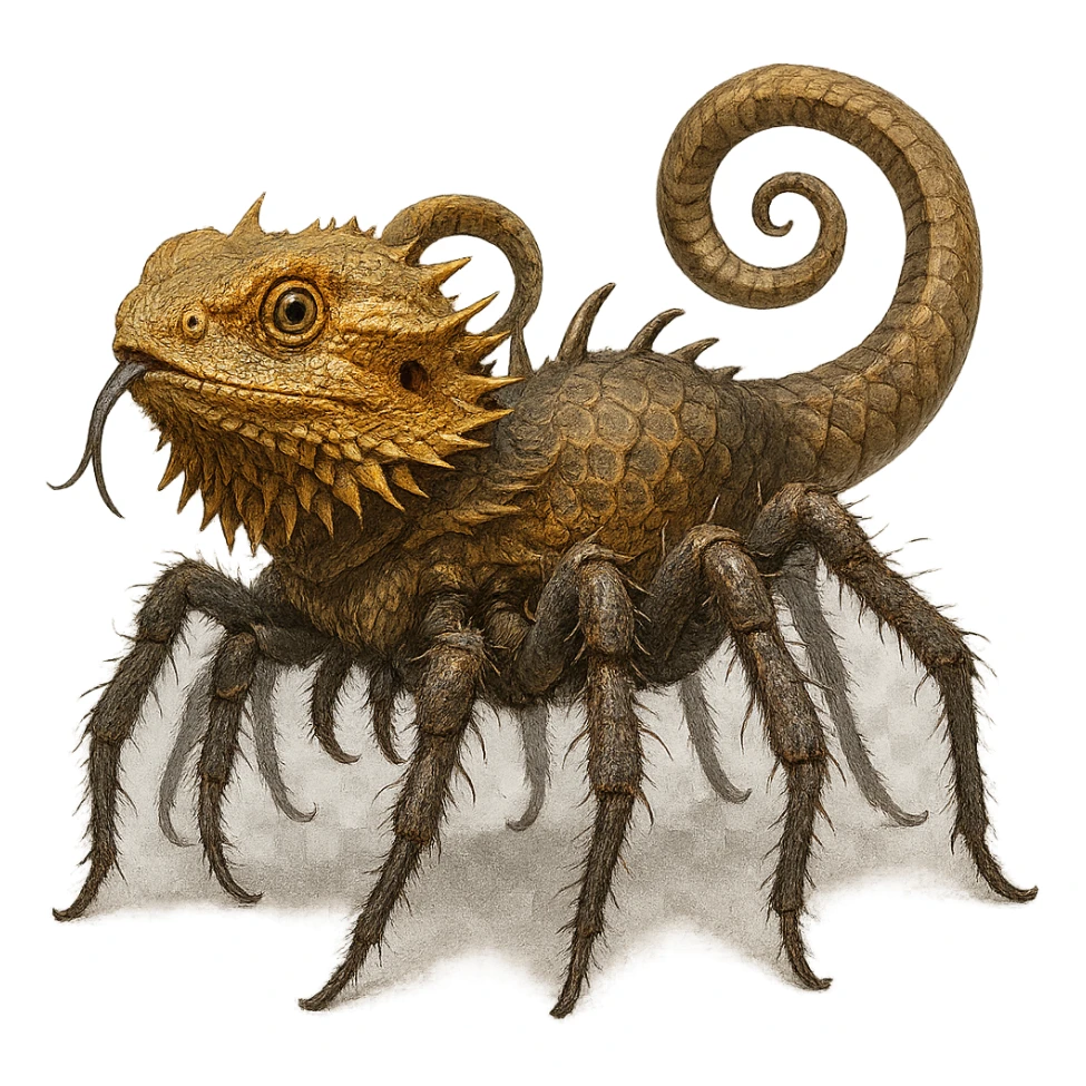 a creature that is a mix of a spider, a bearded dragon, and a snake, with features from all three animals blended together in a creative way, fantasy creature, detailed, imaginative sticker