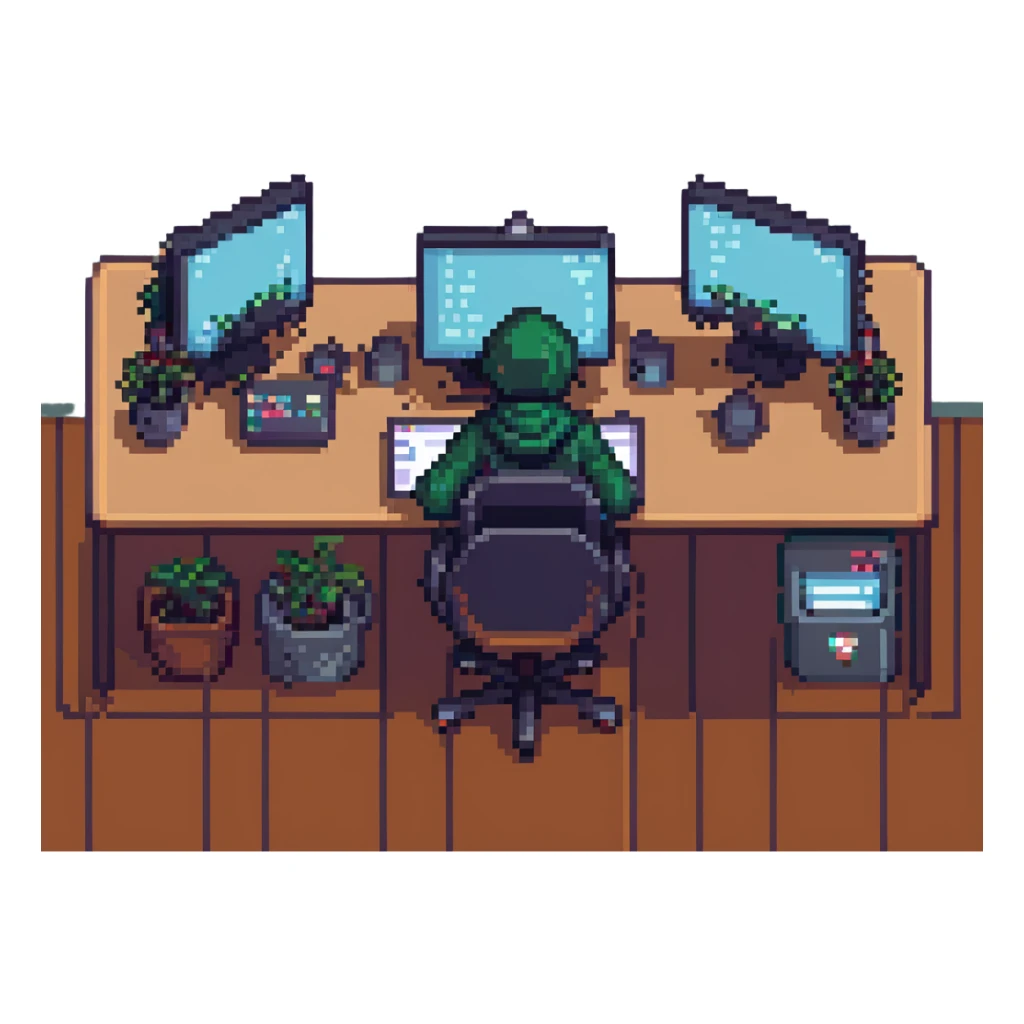 hacker, pixel art, sitting at a desk with multiple monitors, retro vibe sticker