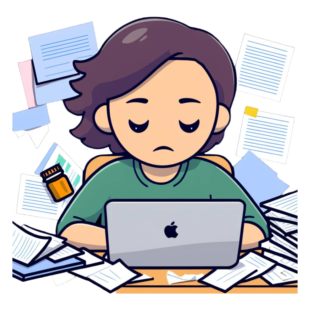 tired woman at a desk with a MacBook, surrounded by messy papers, emphasizing disorganization sticker